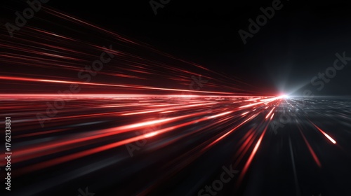 Cinematic render of red light beams racing through dark space, with glowing flare effects and dynamic motion blur trails