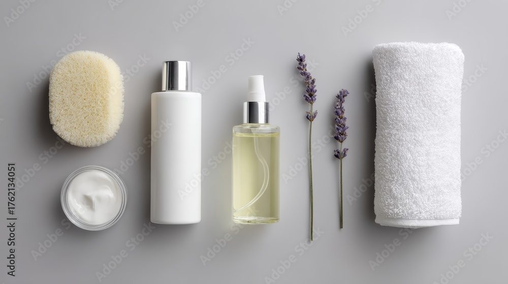 Naklejka premium Spa essentials and skincare flat lay on gray backdrop, minimal and clean aesthetic.