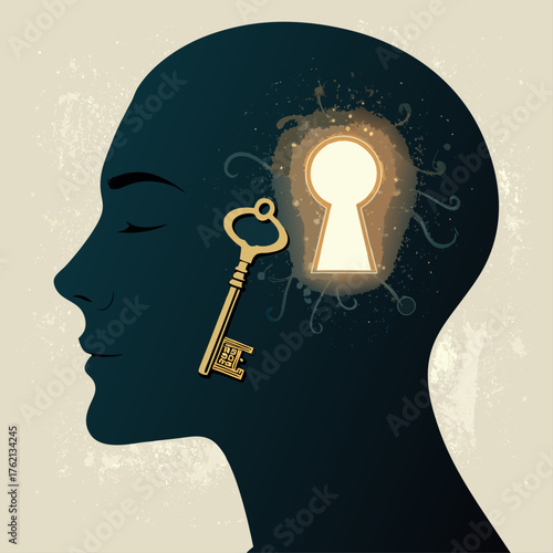 Unlocking the mind, A key and a glowing keyhole in a human head silhouette, Psychology concept vector - Generative AI
