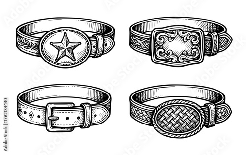 Four vector drawings of texas cowboy style belt