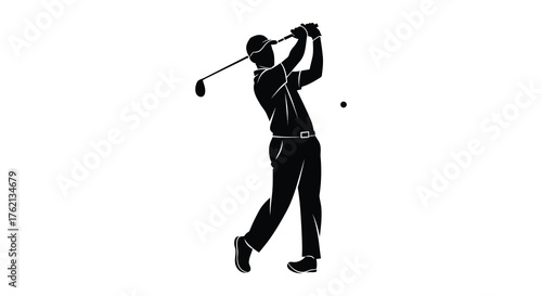 Dynamic silhouette of a male golfer mid swing hitting a golf ball on a white background