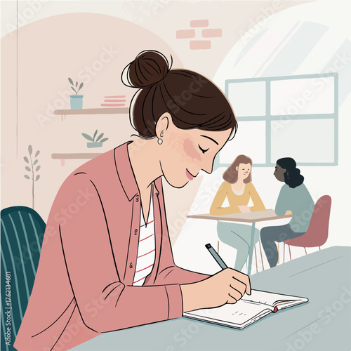 Business people and a woman working together on laptops in an indoor office or home setting