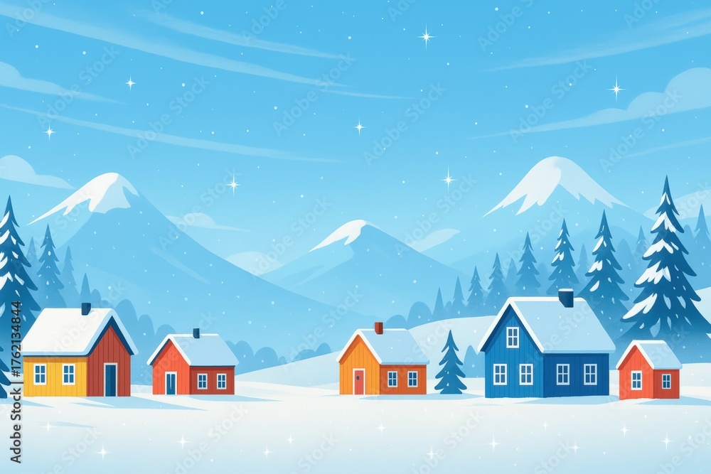 Fototapeta premium Winter wonderland scene featuring colorful houses and snow-capped mountains serene environment in a snowy landscape