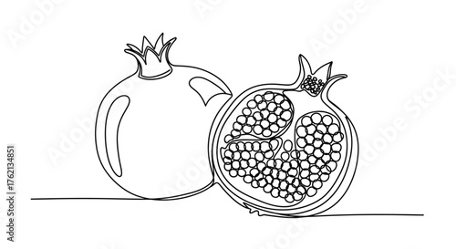 Pomegranate halves line art fruit food