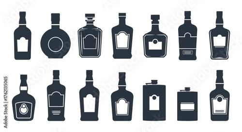 Collection of diverse alcoholic beverage bottles in a striking black silhouette style on a white background
