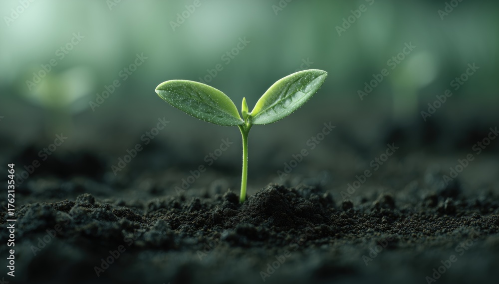 Naklejka premium Tiny Lush Seedling Planted In The Soil, Gently Nurtured By Mother Earth, Ready To Blossom And Grow Into A Mighty Tree.