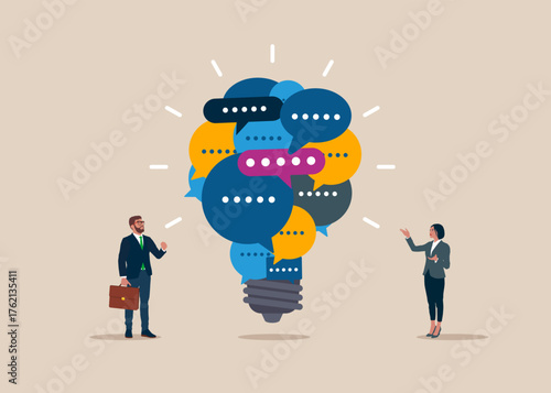 Discussion, conversation, meeting, team communication. Effective communication. Lightbulb of speech bubbles. Vector illustration.