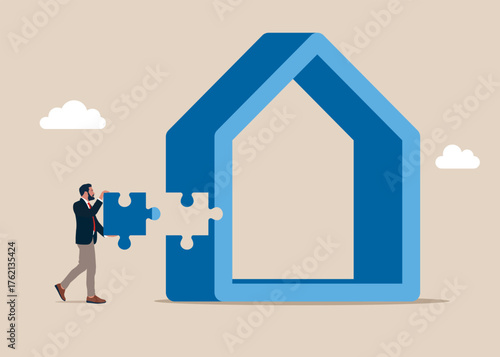 Purchase and pick real estate home. Businessman holding jigsaw piece to finish a house, complete puzzle parts of house, real estate investment. Vector flat illustration