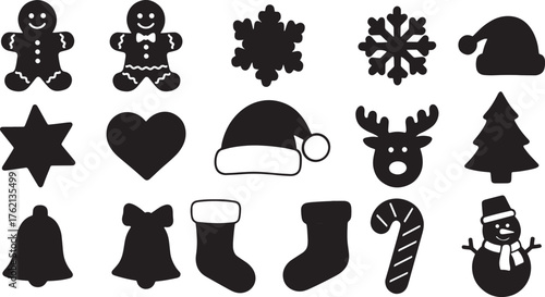 set of vector Christmas icon silhouette on transparent background, editable file