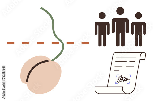 Representation of vasectomy process with cut sperm duct, group of people, and signed agreement. Ideal for medical, family planning, legal consent, health rights, responsibility, education simple