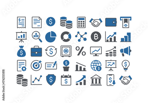 Comprehensive business and finance icons set in flat design style