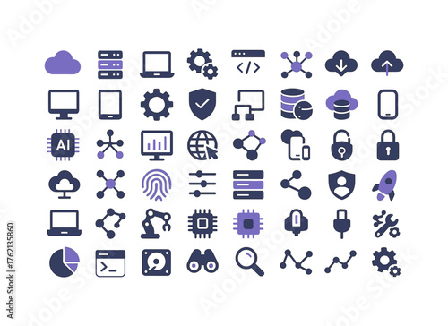 Technology icons collection: devices, security, cloud, data, ai