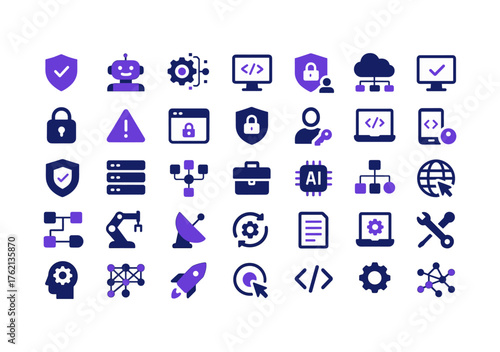Flat technology and cybersecurity icons set: ai, cloud, robotics, and more
