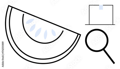 Watermelon slice with seeds, magnifying glass, and open book symbolize discovery, research, learning, nutrition, analysis, curiosity and exploration. Ideal for education science food and minimal