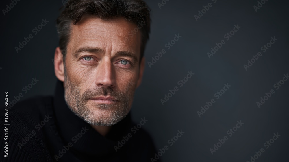 Fototapeta premium Portrait of a serious middle-aged man looking directly at the camera, neutral background.