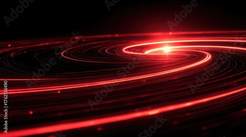Long exposure 3D render of red laser streaks twisting through space with brilliant flare at the core, dynamic motion blur effect
