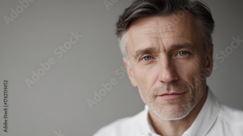 Portrait of a serious middle-aged man looking directly at the camera, neutral background.
