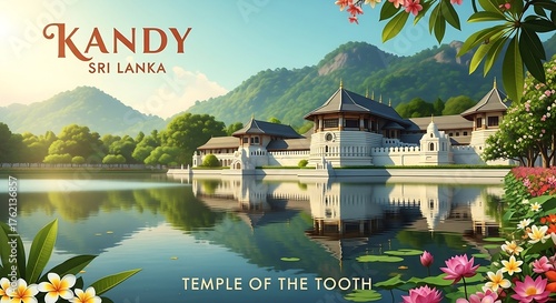 Temple of the Tooth Travel Poster with Reflecting Lake and Traditional Architecture, Generative AI