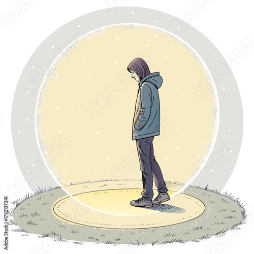 A person in a hoodie walking inside a protective bubble, A concept of personal space and introversion, Hand-drawn vector illustration - Generative AI
