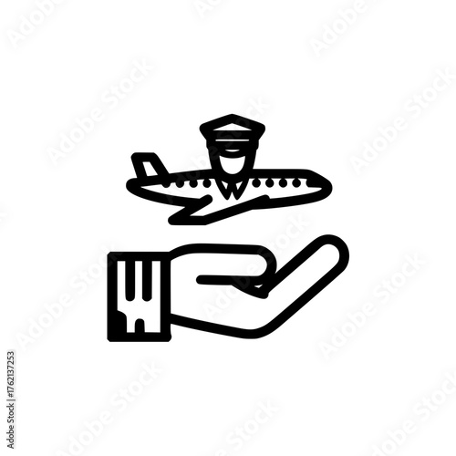 Vector airplane and pilot icons above hand showing aviation care control and flight support