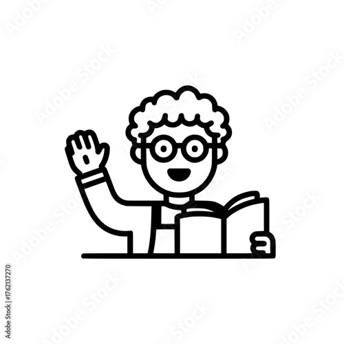 School student raising hand with question icon symbolizing inquiry participation and study