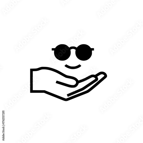 Vector eyeglass icon over hand showing focus clarity eyesight and personal care concept
