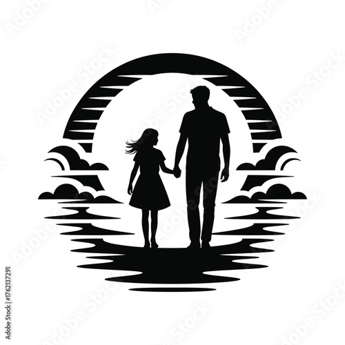 Father and daughter holding hands silhouette at sunset with ocean and clouds