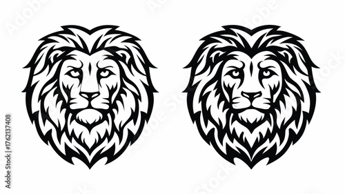 Two lion heads with detailed manes facing forward in a symmetrical black and white illustration style | editable eps vectors silhouette