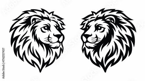 Two lion heads facing each other with detailed manes in a symmetrical black and white illustration style | editable eps vectors silhouette