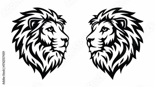 Two lion heads facing each other with detailed manes in a symmetrical black and white design style | editable eps vectors silhouette