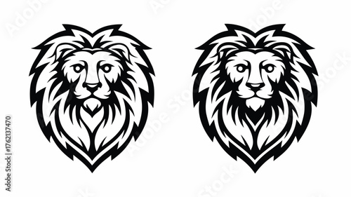Two black and white lion heads with detailed manes facing forward in a symmetrical arrangement design | editable eps vectors silhouette