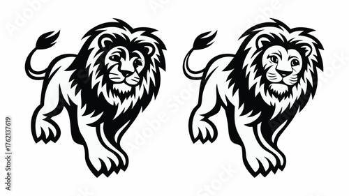 Two stylized black and white lions walking forward with detailed manes and curled tails in a vector art style | editable eps vectors silhouette