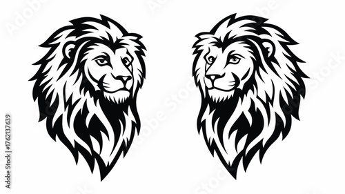 Two black and white lion heads facing each other with detailed manes in a symmetrical arrangement style | editable eps vectors silhouette