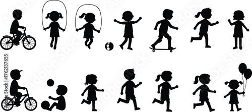 Silhouette children playing, kids running, walking, cycling, skateboarding, jumping rope, balloons, tricycle, ball games, outdoor activity, childhood fun, fitness, exercise, teamwork, friendship