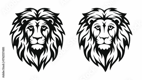 Two stylized lion heads with detailed manes in black and white symmetrical design graphic illustration | editable eps vectors silhouette