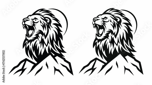 Two black and white lion heads roaring atop stylized mountains with a circular halo behind each head design | editable eps vectors silhouette