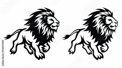 Two black and white stylized lions in profile with detailed manes and powerful stances on a white background | editable eps vectors silhouette