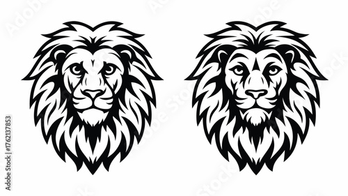 Two lion heads with detailed manes in a symmetrical black and white vector illustration design style | editable eps vectors silhouette