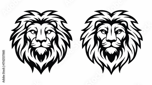 Two black and white lion heads with detailed manes facing forward in a symmetrical arrangement design art | editable eps vectors silhouette