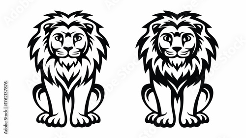 Two symmetrical stylized lions with detailed manes sitting upright in a black and white illustration | editable eps vectors silhouette