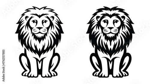 Two stylized black and white lion illustrations sitting upright with detailed manes and facial features | editable eps vectors silhouette