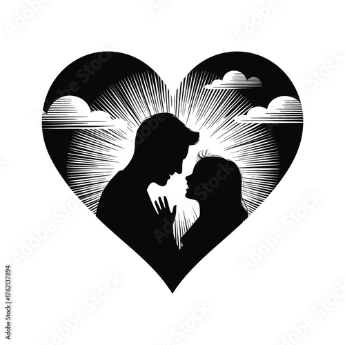 Romantic couple silhouetted against sunburst sky inside heart symbol love romance