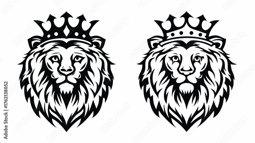 Obraz premium Two lion heads with crowns in black and white vector illustration in a symmetrical composition design | editable eps vectors silhouette