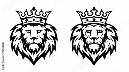 Two stylized lion heads with crowns in black and white, symmetrical design, regal appearance, detailed mane design | editable eps vectors silhouette
