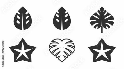 Collection of six stylized black and white icons featuring leaves and stars in a symmetrical arrangement | editable eps vectors silhouette