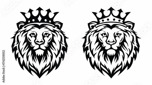 Two lion heads with crowns in black and white vector illustration in a symmetrical composition design | editable eps vectors silhouette