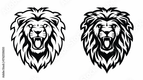 Two black and white lion heads with roaring mouths and detailed manes facing forward in a side by side view | editable eps vectors silhouette