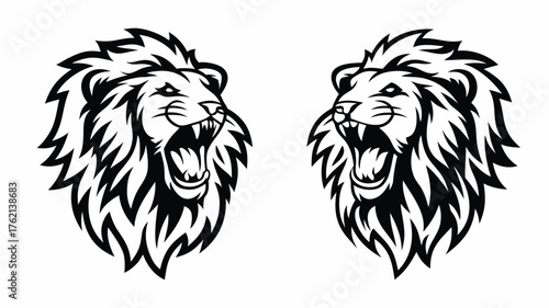 Two symmetrical lion heads facing each other with roaring expression in black and white illustration art | editable eps vectors silhouette