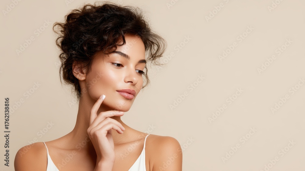 Fototapeta premium Attractive female model in swimsuit showing sunblock on finger while applying to face, standing against plain beige background