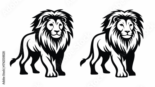 Two majestic lions standing side by side in a striking black and white vector illustration design style | editable eps vectors silhouette